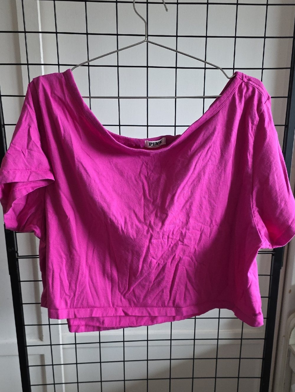 PINK Victoria's Secret Hot Pink Cropped Off The Shoulder Tee